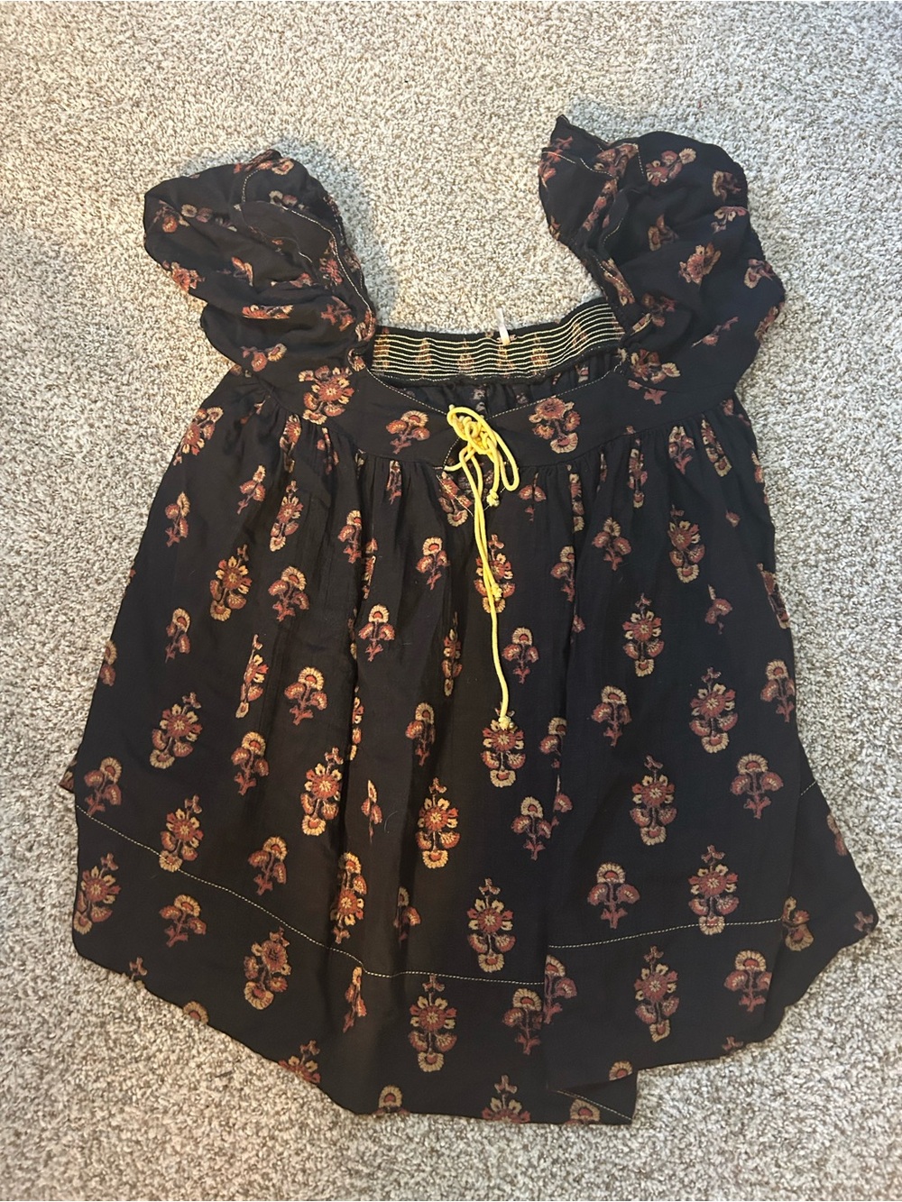 Free People Black Floral Smocked-Neck Tunic with Yellow Drawstring